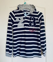 Navy and White Long Sleeve Hoodie Polo with Button Closure, Size L, 100% Cotton - $13.86