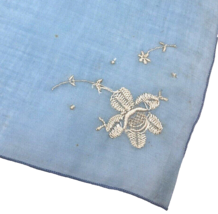 Vintage Handkerchief Hankie Blue Embroidered Floral Flowers Romantic 1940s Lady - £14.59 GBP