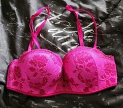 Victoria&#39;s Secret Bombshell Strapless Convertible Push Up Bra Pink Lace Flor 32B - £78.10 GBP