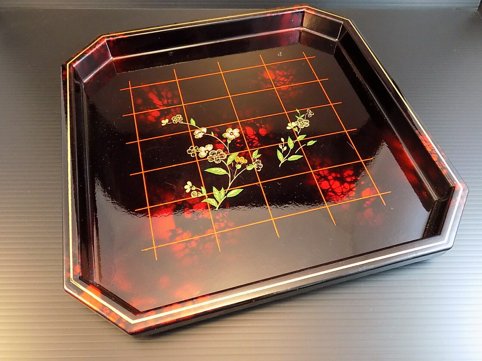 JEWELRY TRAY 8 Sided DRESSER KEEPSAKE Tray Black w/ Red Floral Design 1/... - $6.92