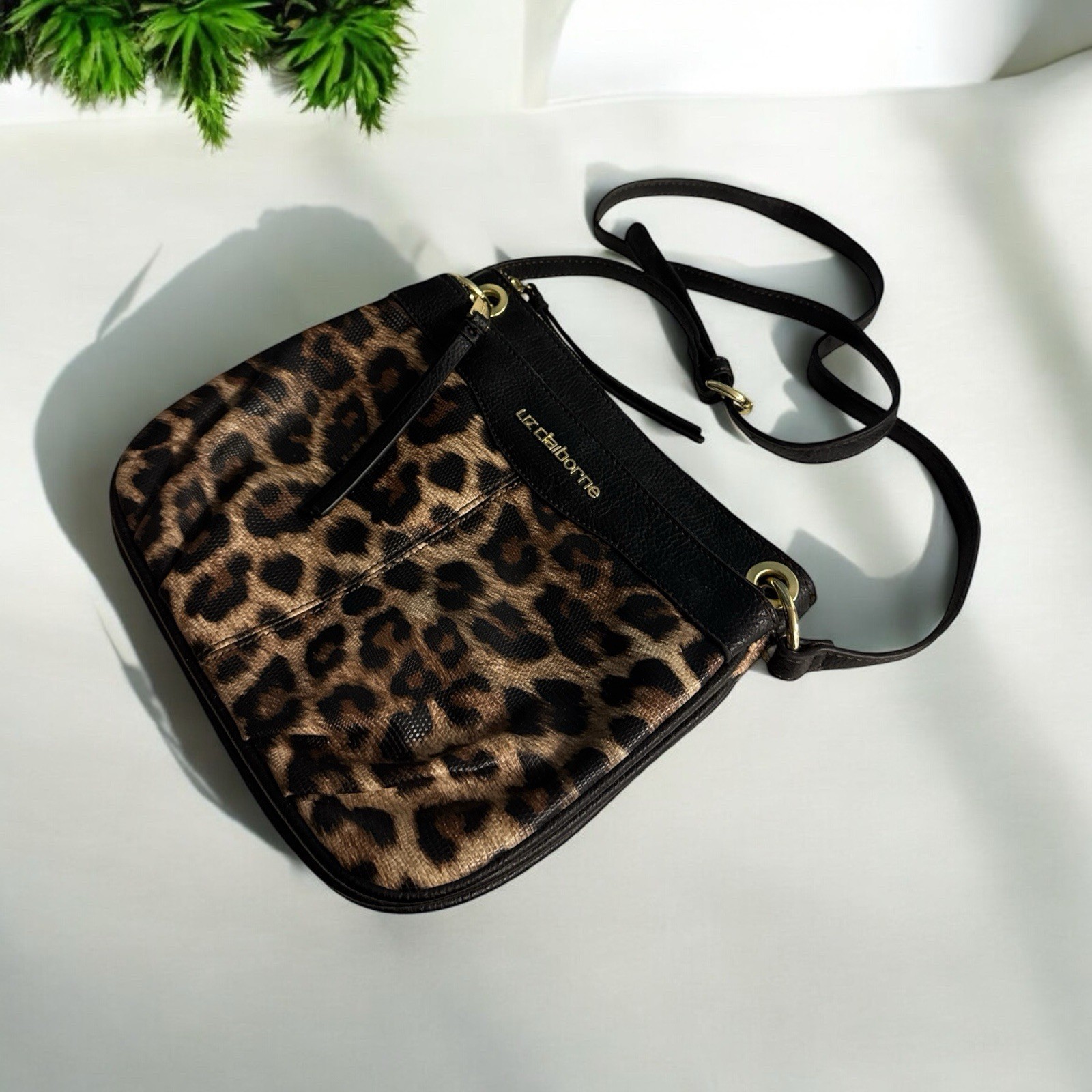 Liz Claiborne Leopard Print Crossbody Bag Purse Handbag Black Brown Gold... - $29.69