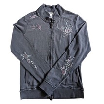 VERTIGO PARIS Floral Embroidered Embellished Distressed Zip-Up Jacket Gray Sz 8 - £45.94 GBP