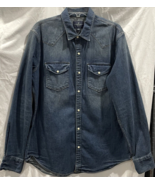 American Eagle Pearl Snap Denim Shirt Blue Distressed Western Cowboy Mens L - £17.01 GBP