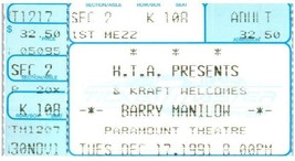 Barry Manilow Ticket Stub Dicembre 17 1991 PARAMOUNT Theatre Seattle - £32.14 GBP