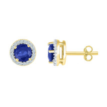 10kt Yellow Gold Womens Round Lab-Created Blue Sapphire Diamond Stud Earrings - £207.35 GBP