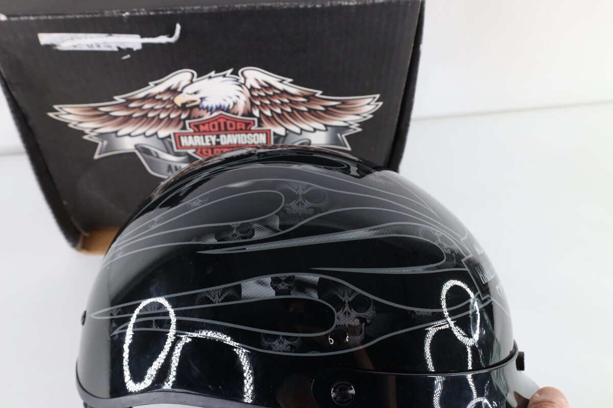 Deadstock Vintage Y2K 2004 Harley Davidson Motorcycles Skull Fire Half Helmet XS Item image 3