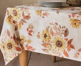 Jacquard Tablecloth 60&quot; Round (4-6 Ppl) Sunflowers &amp; Leaves,Sunflower Harvest,Bm - £23.28 GBP