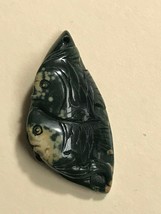 Finely Carved Dark Green &amp; Cream Two Swimming Ocean Fish Stone Pendant or Other - £22.80 GBP