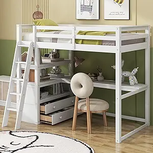 Twin Size Loft Bed With Desk, Shelves And Two Built-In Drawers, Sturdy W... - $947.99