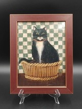 David Carter Brown Framed Tuxedo Cat Print Checkerboard Primitive Folk Art 14&quot; - $18.76