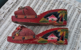 Wooden Sandals Red Carved Pagoda Hut in Heel, Philippines Vintage 1940&#39;s - $29.99