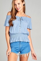 Open Shoulder Smocked Top w/ Eyelet - Blue - £21.38 GBP