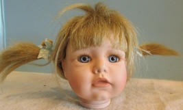 VINTAGE  PORCELAIN/CERAMIC HEAD PARTS 3&quot; BLUE EYES/BLONDE WIG PIG TAILS ... - £14.35 GBP