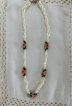 Vintage Mother of Pearl, Onyx &amp; Coral 3 Strand Beaded Necklace, Pre-Owned - £13.43 GBP