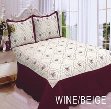 Anna Flowers Embroidered Wine &amp; Beige Bedspread Coverlet Set 3 Pcs Queen - £39.56 GBP