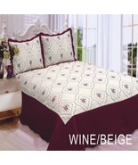 ANNA FLOWERS EMBROIDERED WINE &amp; BEIGE BEDSPREAD COVERLET SET 3 PCS QUEEN - £39.55 GBP