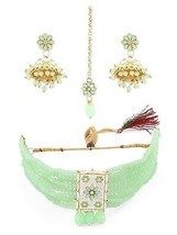 Grüne Meenakari-Kristallperlen, mehrsträngige Halskette, Ohrringe und... - $39.17