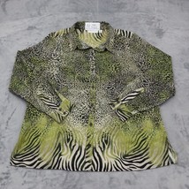 Susan Graver Shirt Womens 12 Green Long Sleeve Spread Animal Print Button Up - $19.68