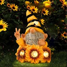 Solar Lighted Sunflower Bee Garden Peace Gnome Light Outdoor Statue Home... - $22.76