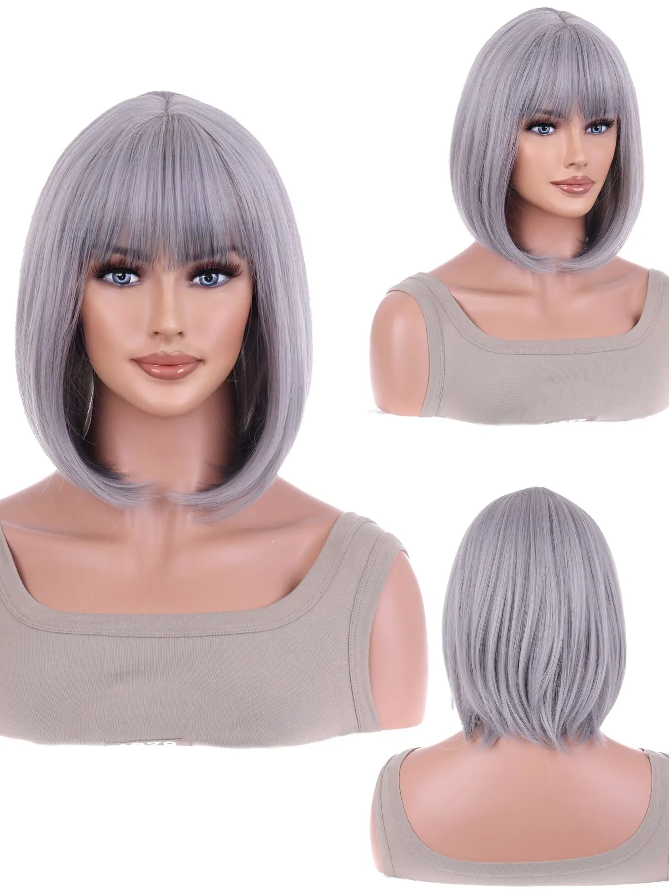 Synthetic Wig Short Platinum Blonde Ombre Wavy Wig Dark Roots with Bangs f - £10.97 GBP+