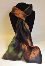 Hand Painted Silk Scarf Olive Green Brown Unique Rectangle Head Neck Wrap Gift - £44.28 GBP