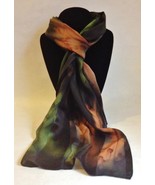 Hand Painted Silk Scarf Olive Green Brown Unique Rectangle Head Neck Wra... - £45.03 GBP