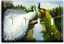 Peacocks Birds White Colorful Feathers 4 Gang Light Switch Wall Plate Room Decor - £14.85 GBP