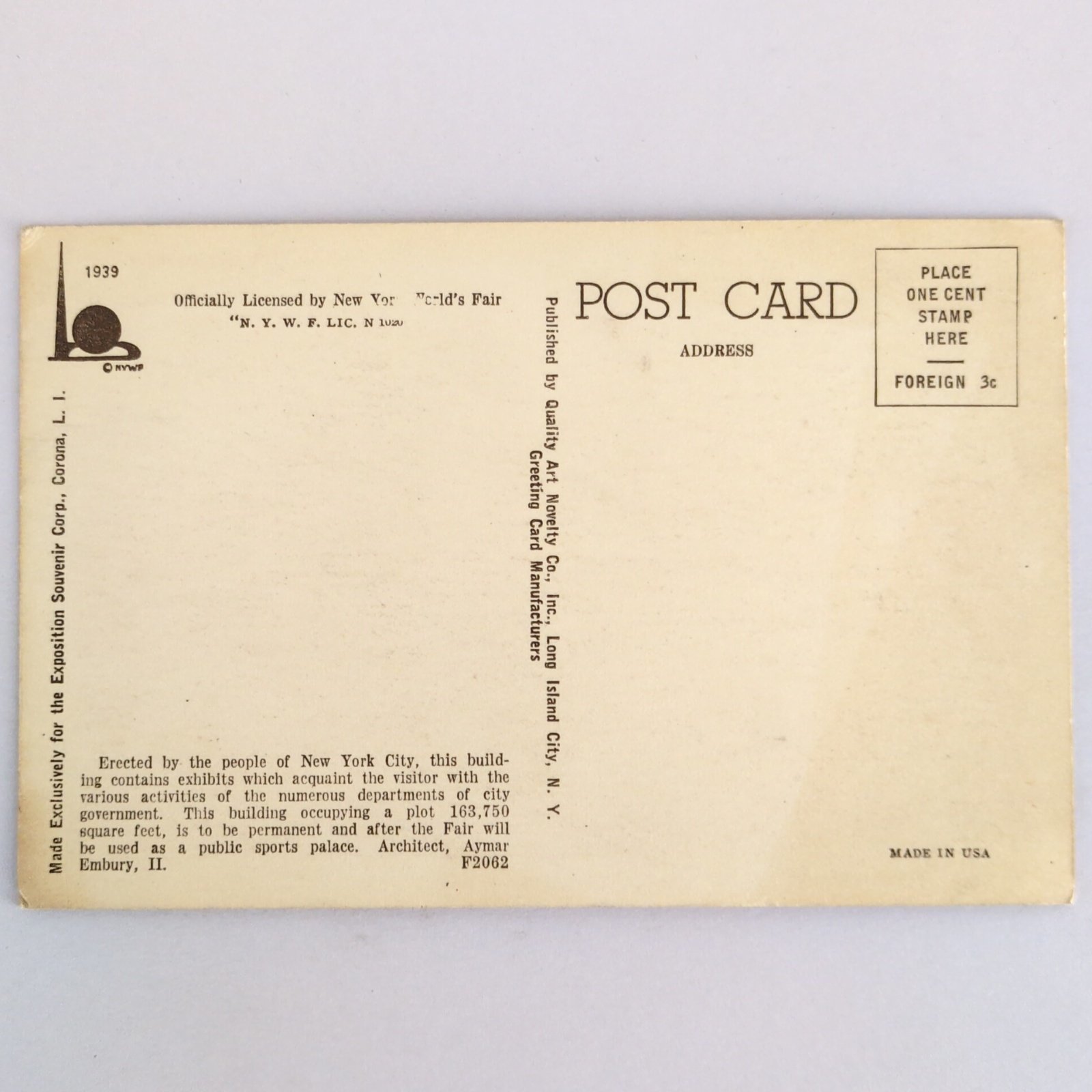 1939 New York World's Fair Postcard City Building Unposted Cars Sepia Item image 2
