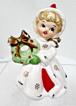 Vintage Napco Ware Christmas Girl Wreath Figurine 4&quot; White Coat Gold Sno... - $28.22