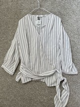 Calvin Klein Woman’s V Neck Tie Waist Striped Balloon Sleeve Blouse Shirt Size L - £19.40 GBP