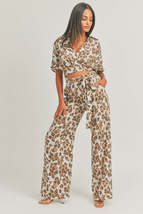 Taupe Brown leopard print crop top and wide leg pant outfit sets - £35.88 GBP