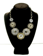LACY FLOWER FRONT Vintage Necklace Silvertone Goldtone Brown Rhinestones 24&quot; - £16.55 GBP