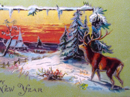New Years Postcard Deer Country Snow Woods Trees Church 1913 Series 318 Embossed - £8.35 GBP