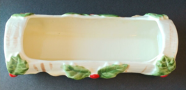 Vintage Ceramic Christmas Yule Log Table Decoration 9.5&quot; Holly Leaves Crazing - £22.06 GBP