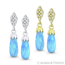 Azure Blue Lab-Created Opal Cubic Zirconia 14k Gold Dangling Tear-Drop Earrings - £96.50 GBP
