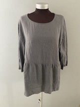 Pure Jill Blouse Womens Size Large Gray Linen Top Boxy Peplum Lagenlook Coastal - $22.65