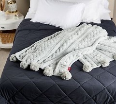 Peace Love World 70x60 Pom Pom Cable Knit Blanket in Light Grey - £155.81 GBP