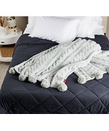 Peace Love World 70x60 Pom Pom Cable Knit Blanket in Light Grey - £154.71 GBP