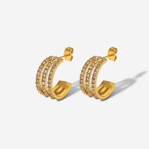 Stainless Steel Inlaid Zircon C-Hoop Earrings - $15.74