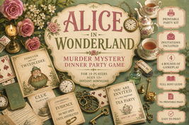 Alice in Wonderland murder mystery dinner party. Instant Download.Instan... - $16.95