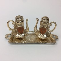 Vtg Texas Souvenir Tea Pot Kettle Salt &amp; Pepper Shakers w/ Tray Gold Col... - £11.24 GBP