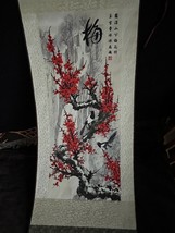 Beautiful Asian Black &amp; White Birds in Tree w Red Flower Blossoms Silk Printed - £30.31 GBP