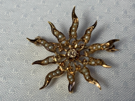 Vtg 10K Yellow Gold Diamond Pearl Brooch 2.74g Fine Jewelry Sunburst Pin... - £221.18 GBP