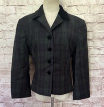 Laura Ashley Womens 12 Blazer Jacket 100% Wool Black Watch Plaid Velvet Collar - £77.87 GBP