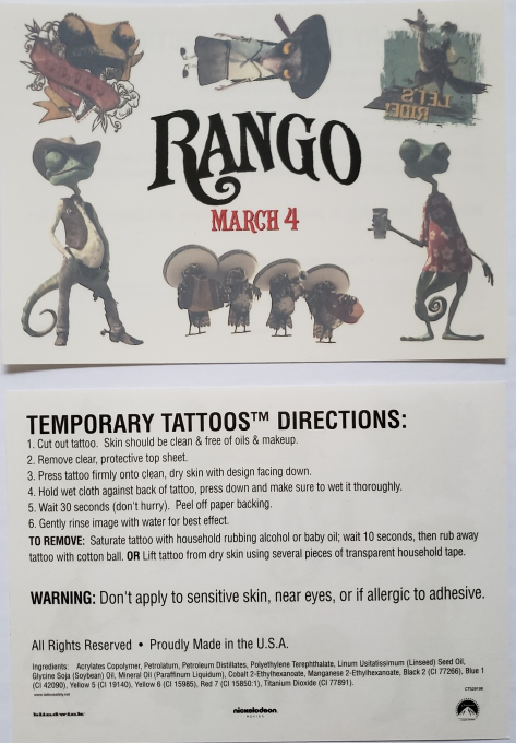 RANGO Mar 4 2011 Movie Characters Temmporary Tattoos 7&quot; x 5&quot; - $4.95