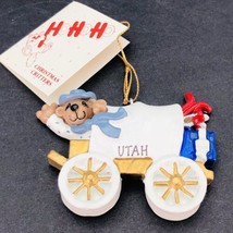 Vintage Joseph K Co Utah Christmas Ornament Bear &amp; Skis in Covered Wagon in Box - £12.78 GBP