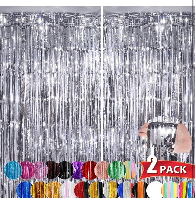2Pack 3.3x8.3Ft Silver Foil Fringe Streamers Curtain Metallic Foil Tinse... - $6.81