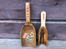 Pair VTG Wood Sugar Scoops 1 w Painted Flowers Hand Drawn Victorian Woman - £15.55 GBP