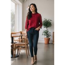 Ella Rafaella Blouse Women LP Ruby Red Mock Neck Floral Guipure Lace Ele... - $24.43