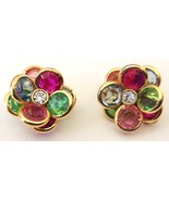 Vintage Bezel Set Clip on Earrings Gold Tone Floral Flower Pastel Crysta... - $19.95